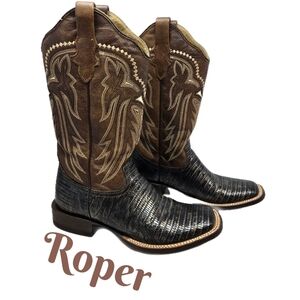 Roper Mens Cowboy Boots Sz 9 All Leather Snake Skin Embossed Gold Stitching